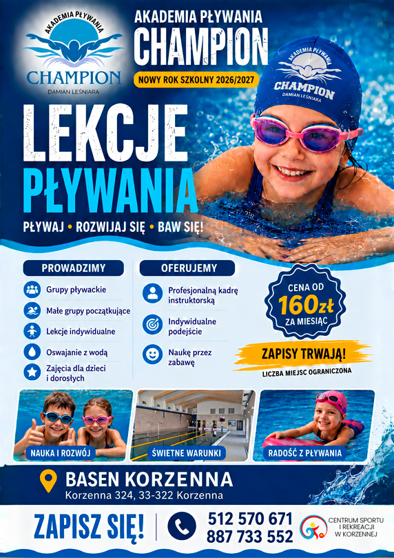 Szkoła Pływania CHAMPION Korzenna – zapisy na lekcje pływania dla dzieci i dorosłych na rok pływacki 2026/2027.